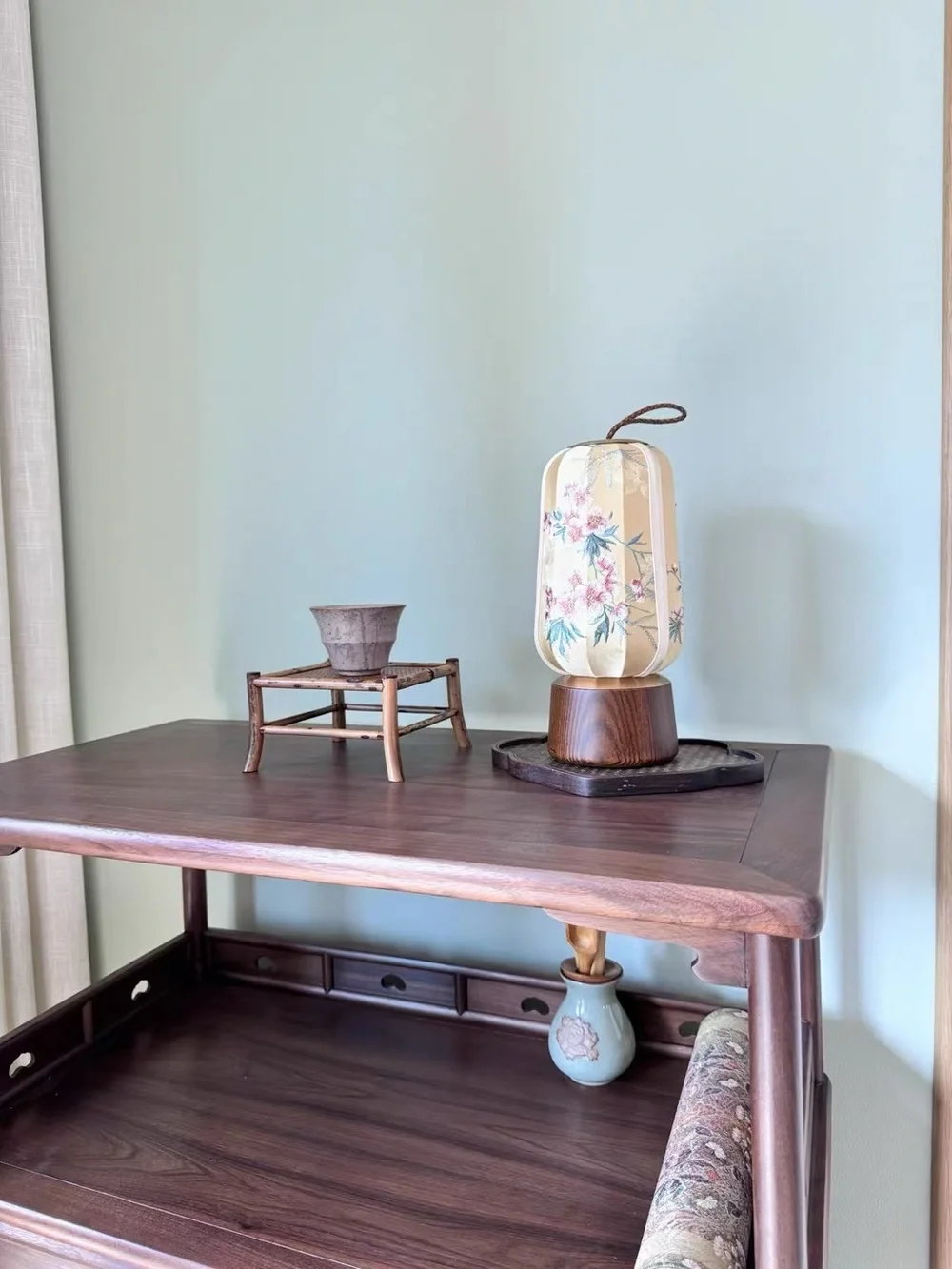 Gold Floral Embroidered Lantern with Wooden Base